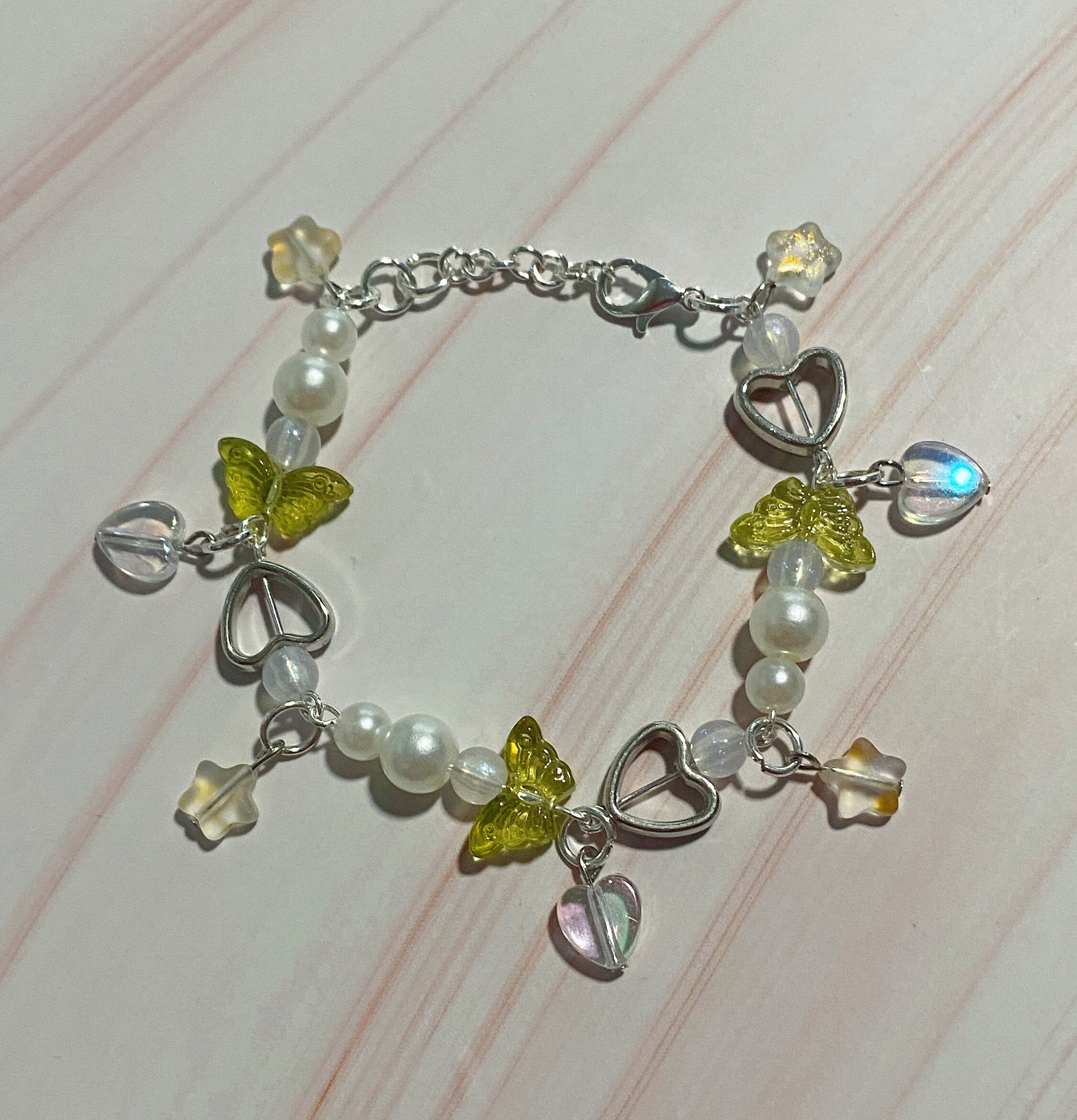 White Clear Y2K Butterfly Charm Bracelets, Coquette Pearl