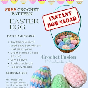 May include: A crochet pattern for Easter eggs, featuring a basket of colorful eggs and three individual eggs in blue, green, and pink. The image includes text that says "Free Crochet Pattern" and "Instant Download."