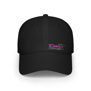 May include: Black baseball cap with a pink, blue and white logo that says "TURN 3 RACING" on the front.