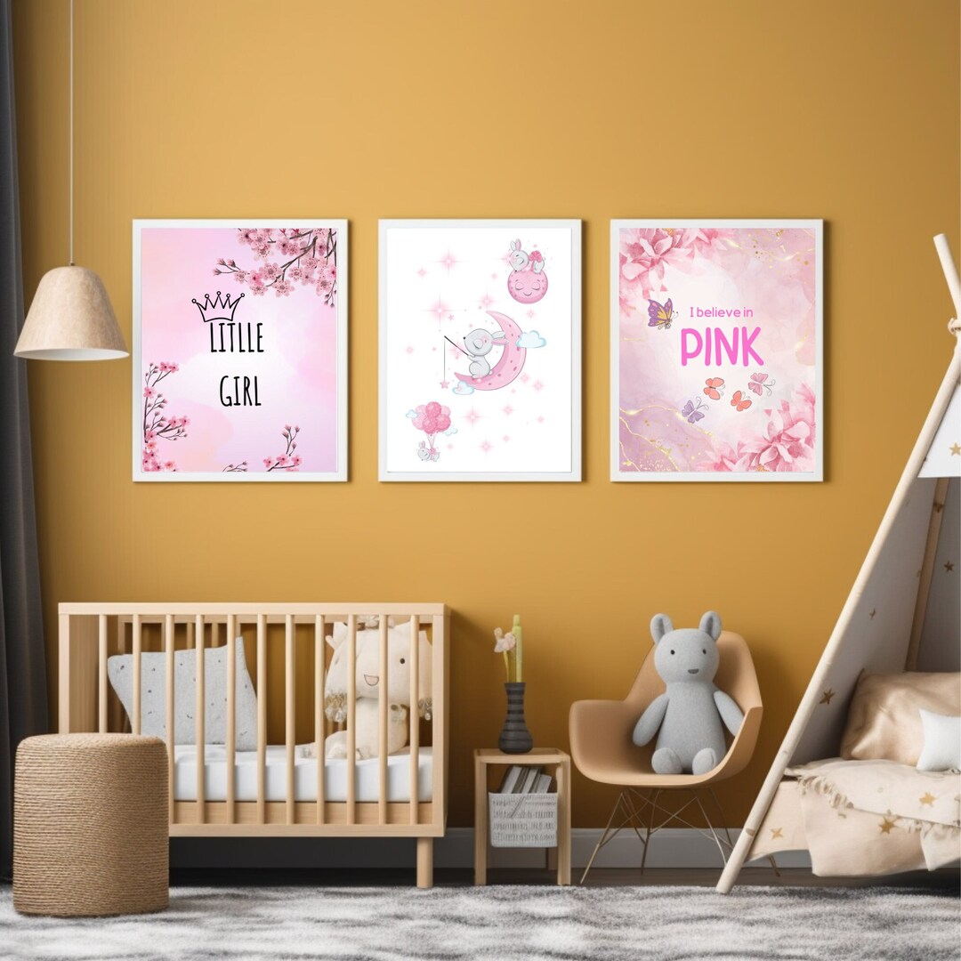 Little Girl Room 3 Panel Printable Wall Art, I Believe in Pink Wall Art