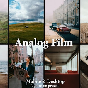 May include: A collage of images showcasing the "Analog Film" Lightroom presets for mobile and desktop. The images include a couple in a green landscape, a red car driving down a city street, a woman reading a newspaper, a person sitting on a train, and a person holding a basketball.