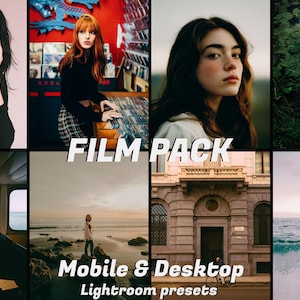 Può includere: Un collage di otto immagini con estetica cinematografica. Il testo "FILM PACK" è centrato, con "Mobile & Desktop Lightroom presets" sotto. Le immagini presentano ritratti, paesaggi e una barca sull'acqua, il tutto con un'atmosfera vintage.