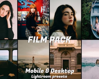 May include: A collage of eight images with a film aesthetic. The text "FILM PACK" is centered, with "Mobile & Desktop Lightroom presets" below. The images feature portraits, landscapes, and a boat on the water, all with a vintage feel.