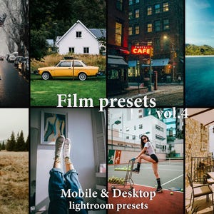 May include: A collage of images showcasing different photography styles and locations. The images include a person walking down a street, a yellow car parked in front of a house, a cafe with a red sign, a boat in a bay, a person sitting on a bench, a person standing in a field, a person's legs with shoes on, a person standing on a tennis court, and a patio with a table and chairs.