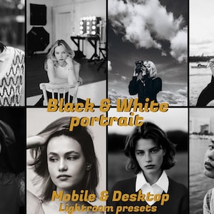 Puede incluir: Fotografía de retrato en blanco y negro con ocho imágenes diferentes de mujeres. El texto "Black & White portrait" y "Mobile & Desktop Lightroom presets" se muestra en la imagen.