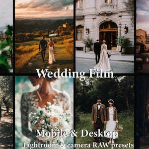Könnte beinhalten: Eine Collage von Hochzeitsfotos mit Paaren in verschiedenen Umgebungen. Die Bilder zeigen Braut und Bräutigam an verschiedenen Orten, darunter ein Dach mit dem Eiffelturm, ein Garten und ein Gebäudeeingang. Der Text auf dem Bild lautet "Wedding Film" und "Mobile & Desktop".