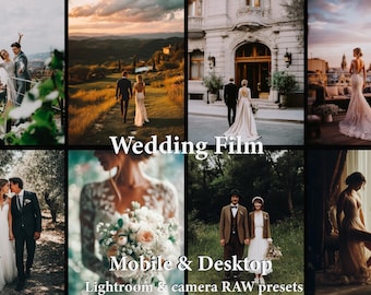Puede incluir: Un collage de fotos de boda con parejas en varios entornos. Las imágenes muestran a una novia y un novio en diferentes lugares, incluyendo una azotea con la Torre Eiffel, un jardín y la entrada de un edificio. El texto en la imagen dice "Wedding Film" y "Mobile & Desktop".