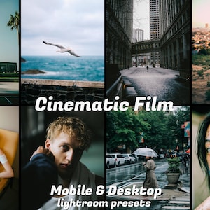 May include: A collage of eight images with a cinematic film aesthetic. The images include a basketball court, a seagull over the ocean, cityscapes, and portraits. Text on the image reads "Cinematic Film" and "Mobile & Desktop Lightroom Presets."
