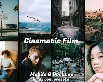 May include: A collage of eight images with a cinematic film aesthetic. The images include a basketball court, a seagull over the ocean, cityscapes, and portraits. Text on the image reads "Cinematic Film" and "Mobile & Desktop Lightroom Presets."