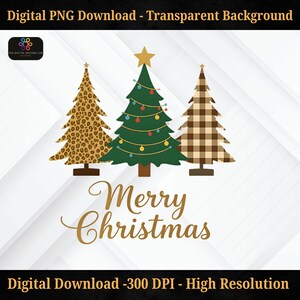 Op de afbeelding: Digitale PNG-download met drie kerstbomen met unieke patronen: luipaardprint, versierd met lichtjes en een bruin geruit ontwerp. De woorden "Merry Christmas" zijn in goud geschreven. Digitale download met hoge resolutie.