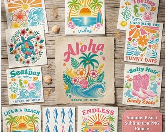 Retro Summer Beach PNG Bundle Tropical Vacation Sublimation Clipart Designs