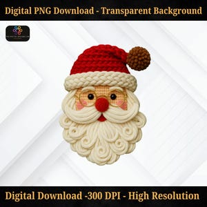 May include: A digital PNG download of a Santa Claus face. The Santa face is made of yarn and features a red hat with a brown pom-pom, round glasses, a red nose, and a white beard. The image includes the text "Digital PNG Download - Transparent Background" and "Digital Download -300 DPI - High Resolution."