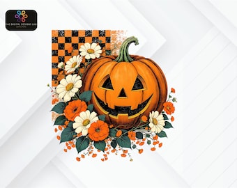 Halloween Pumpkin Sublimation | Jack O Lantern PNG | Fall Floral Clipart Design
