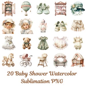 Baby Shower Clipart Bundle – 20 Watercolor PNGs for Invitations, Scrapbooking, Nursery Wall Art, Gender Reveal & Baby Decor