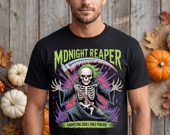 Camiseta de la Parca con estampado gótico de terror, de algodón, con esqueleto, estilo urbano, ideal para Halloween.