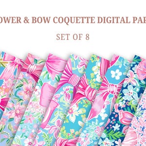 Pacote de Papel com Laços Coquette – Fundos Florais Rosa Digitais para Scrapbooking, Cartões, Convites, Diário e Artesanato