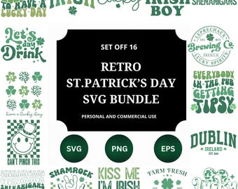 May include: A set of 16 retro St. Patrick's Day SVG designs. The designs feature various Irish-themed phrases and graphics, including shamrocks, leprechauns, and the phrase "Kiss Me I'm Irish or Drunk or Whatever".