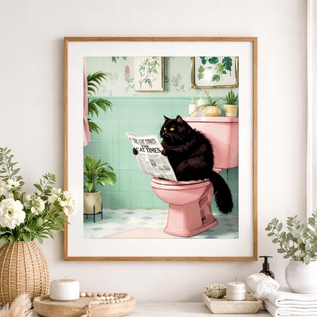 Cat Toilet Printable Bathroom Wall Art, Funny Black Humor Digital ...