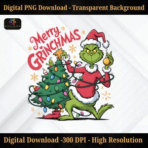 Puede incluir: Una descarga digital PNG con el Grinch, un personaje de dibujos animados verde, decorando un árbol de Navidad. El Grinch lleva un traje y un gorro de Papá Noel rojos. Las palabras "Merry Grinchmas" están escritas en rojo. La imagen está sobre un fondo blanco.