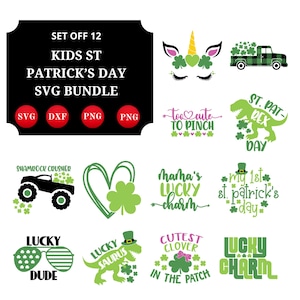 May include: A set of 12 SVG cut files for St. Patrick's Day featuring a variety of designs including a shamrock crusher monster truck, a heart with a shamrock, a unicorn with shamrocks, a dinosaur with a shamrock hat, a truck with shamrocks, a pair of sunglasses with shamrocks, a dinosaur with a shamrock hat, a clover with a bow, and a lucky charm.