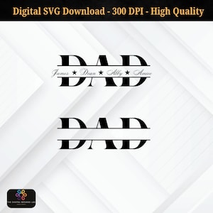 Puede incluir: Diseño SVG en blanco y negro de la palabra "DAD" con una pancarta encima que dice "James Dean Abby Amice". Debajo de la palabra "DAD" hay una segunda pancarta.