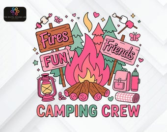 キャンプクルーPNG、女子旅デザイン、焚き火の楽しいグラフィック、夏の冒険昇華