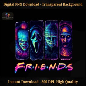 Neon Horrorfilm Freunde PNG: Retro Halloween Sublimationsdesign (Digitaler Download)
