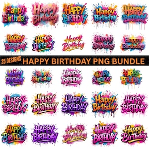 Ensemble PNG joyeux anniversaire pour gâteaux, cartes, décoration de fête - Clipart anniversaire pour enfants et adultes - Ensemble amusant de sublimation en téléchargement numérique