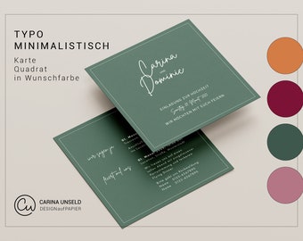 Hochzeitseinladung TYPO MINIMALISTISCH | personalisierte Karte in Wunschfarbe | Quadrat 14,8 cm