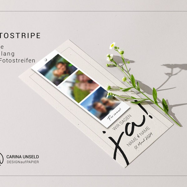 Hochzeitseinladung JA! FOTOSTREIFEN | personalisierte Karte mit Fotostreifen | Karte DIN lang