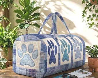 Borsa trapuntata con zampa di animale domestico, borsone con zampa di animale domestico, borsa da viaggio con stampa di zampa blu, borsa con zampa di cane e gatto, borsa tote patchwork per animali domestici, regalo per amanti degli animali domestici