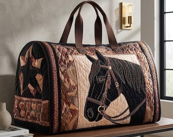 Bolsa de lona acolchada con estampado de caballos del oeste, bolsa de fin de semana ecuestre, bolsa de viaje de patchwork, bolsa acolchada con estampado de caballos, regalo para amantes de los caballos, bolsa de mano con estampado de caballos