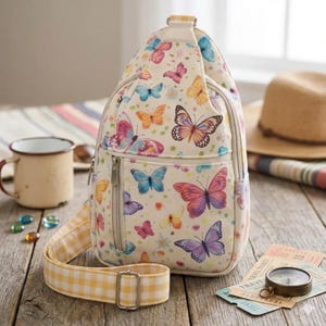 May include: Cream-colored sling bag with a butterfly pattern in various colors. The bag has a yellow gingham strap and a zippered front pocket. A metal buckle secures the strap. The bag is on a wooden surface.