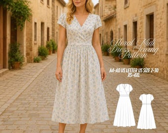 Patrón de costura para vestido midi de corte A con estampado floral – Estilo veraniego para mujer (XS–4XL) (Descarga en PDF)