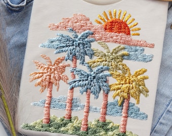 Sunset Palm Trees PNG Design, Faux Embroidery Tropical Scene, Boho Coastal Sublimation PNG