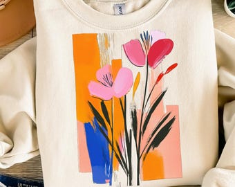 Abstract Floral PNG, Brushstroke Flower Clipart, Retro Design (Digital Download)