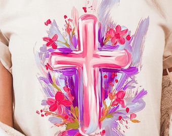 Croix florale de Pâques PNG, motif de trait de peinture (téléchargement numérique)
