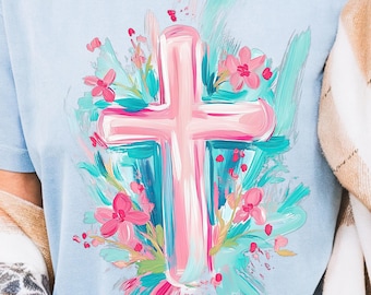 Cruz de Pascua con flores Png, Clipart de cruz de Pascua, Png cristiano, Png floral de primavera, Png de Pascua preppy, Png floral cristiano de Pascua