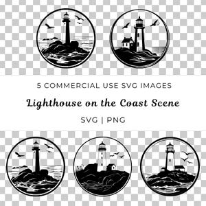 Scène de phare sur la côte, Svg de phare de plage, vecteur de vue sur l'océan, conception Svg de bord de mer, paysage côtier Svg, vecteur de phare