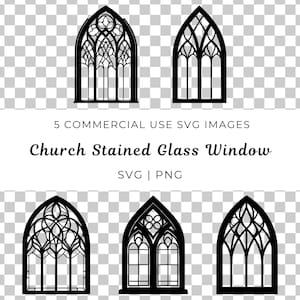 May include: Five black and white silhouette images of stained glass windows in a gothic style. The windows are arched and have intricate designs. The text "Church Stained Glass Window" is below the images.