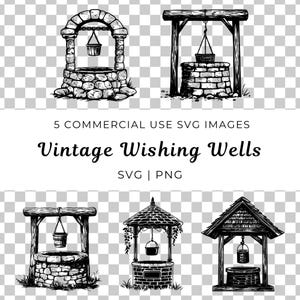 May include: Five black and white illustrations of vintage wishing wells. Each well is drawn in a hand-drawn style with stonework and a bucket hanging from a rope.