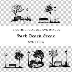 Puede incluir: Cinco ilustraciones en silueta en blanco y negro de bancos de parque con árboles y farolas. Las ilustraciones están sobre un fondo transparente.