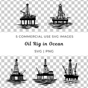 Puede incluir: Cinco ilustraciones en blanco y negro de plataformas petroleras en el océano. Las plataformas se representan como siluetas con estructuras y plataformas detalladas. El océano se representa mediante líneas onduladas.