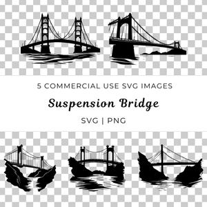 May include: Five black and white silhouette illustrations of suspension bridges. The bridges are drawn in a simple, stylized manner and are set against a white background.