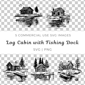 Blokhut met vissersdok Svg, Lakeside Cabin Vector, Angler's Fishing Lodge Svg, Waterfront Retreat Vector, rustieke hut aan het meer Svg