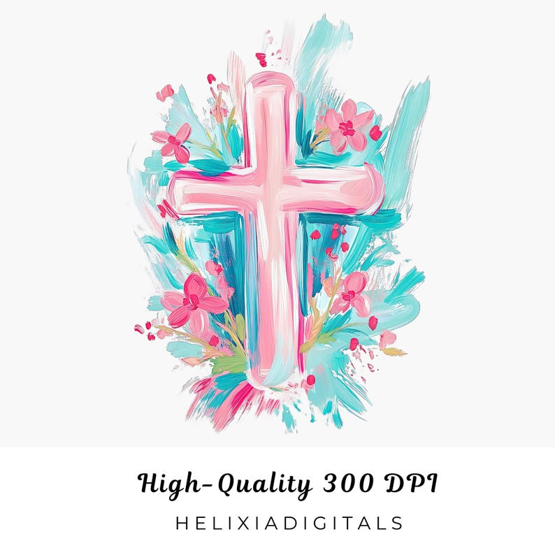 May include: A pink cross with a white outline surrounded by blue and pink brushstrokes and pink flowers.