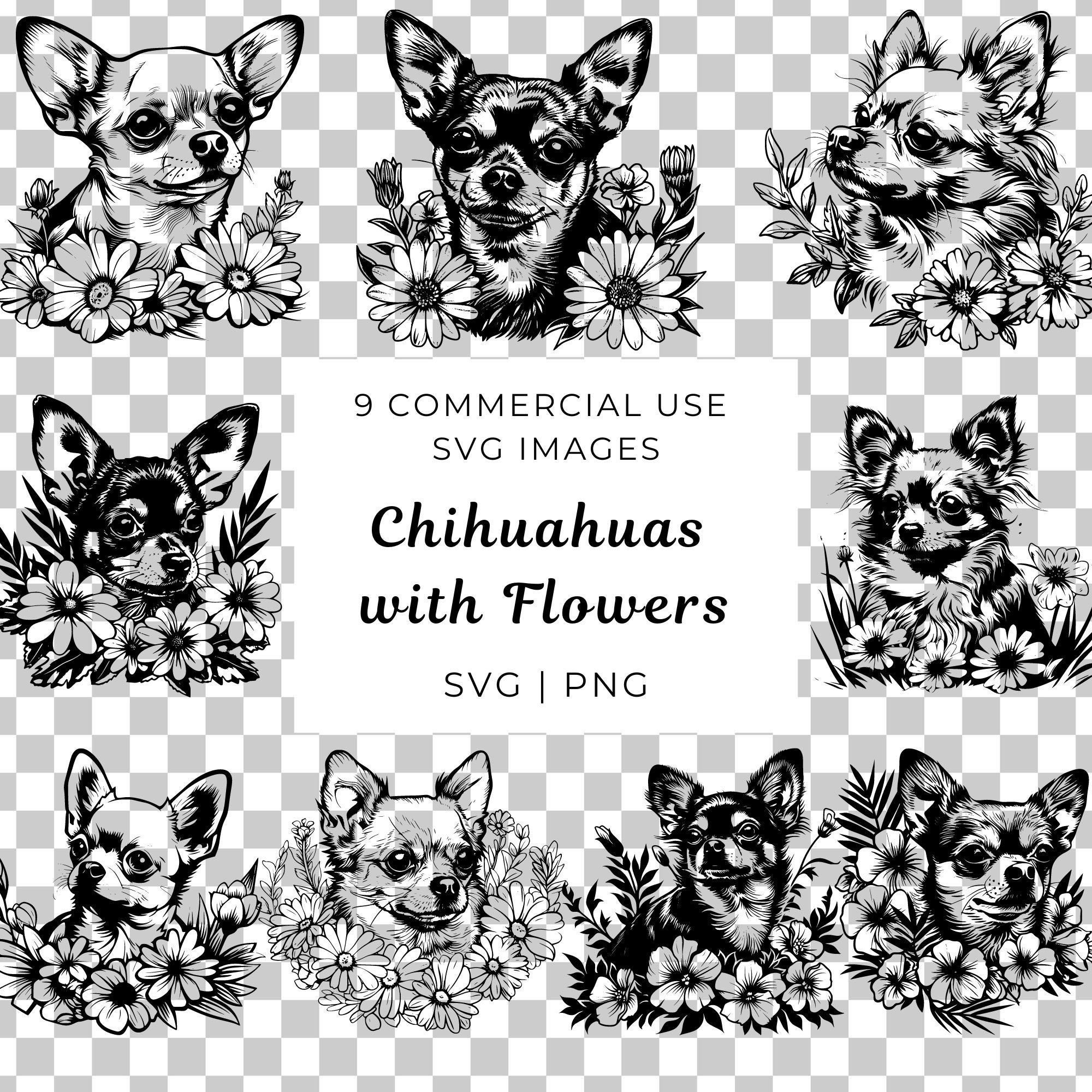 Chihuahua SVG Bundle, Clipart kwiatowy, Uroczy pies Clipart, Projekt koszulki dla mamy psa, Unikalny projekt zwierzaka, Uroczy Chihuahua SVG, Idealny dla miłośników psów