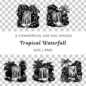 May include: Five black and white illustrations of tropical waterfalls with lush foliage. The waterfalls are depicted in a stylized, hand-drawn style.