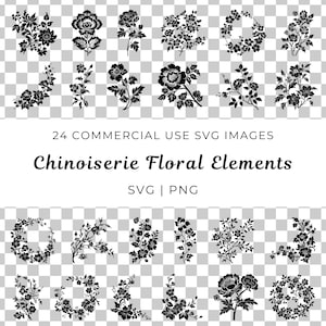 Chinoiserie bloemen SVG, oosterse bloemen, chinoiserie bloem png, elegante chinoiseriekransen, vintage bloemen clipart-elementen, toile bloemen