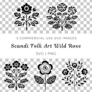 Arte popular escandinava Wild Rose Svg, vetor de flores silvestres nórdicas, design de rosas rústicas Svg, vetor de cena de natureza escandinava, artesão Wild Rose Svg